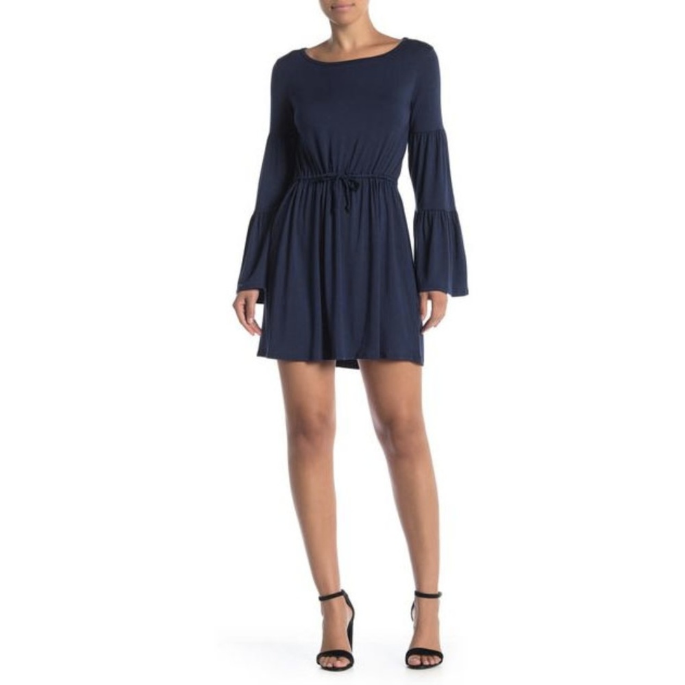Women's Navy Long-Sleeve Mini Dress with Tie Waist